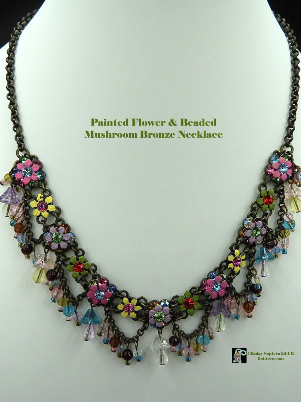 Painted Flower & Beaded Mushroom Bronze Necklace